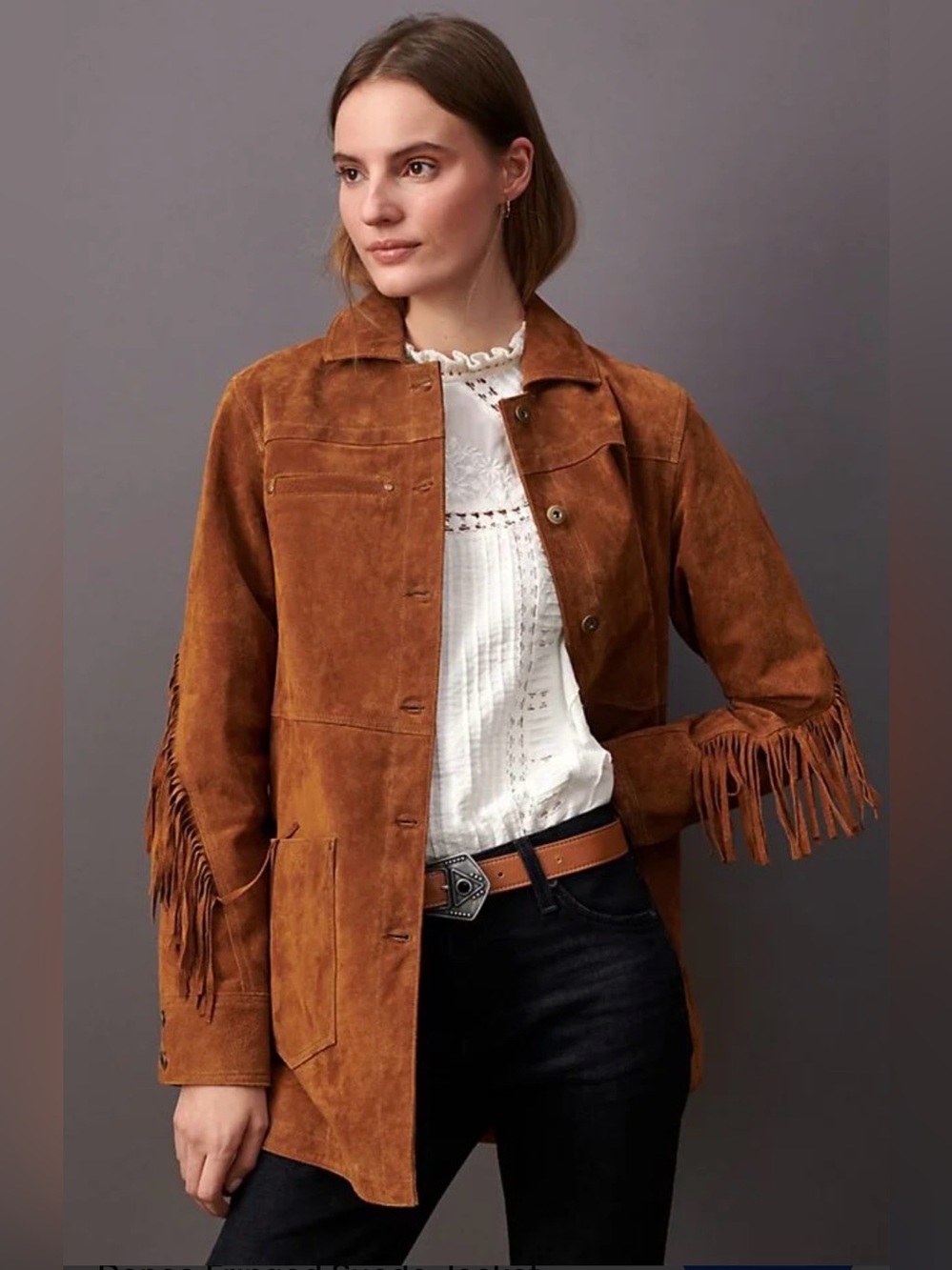 Anthropologie Pilcro Fringe Suede Leather Jacket Brown XS